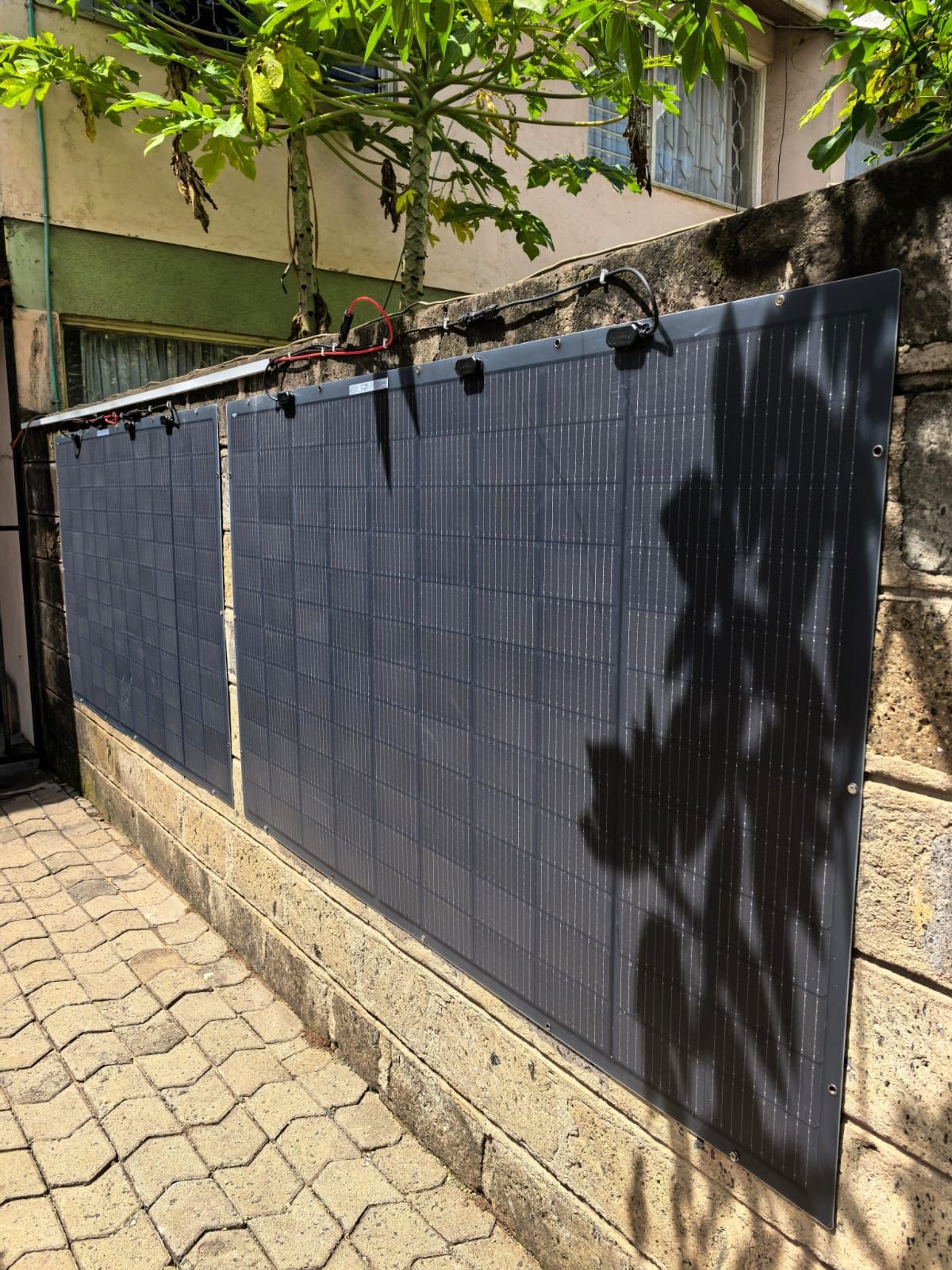 Ngumo — flexible solar panels on the perimeter wall, shaded by trees