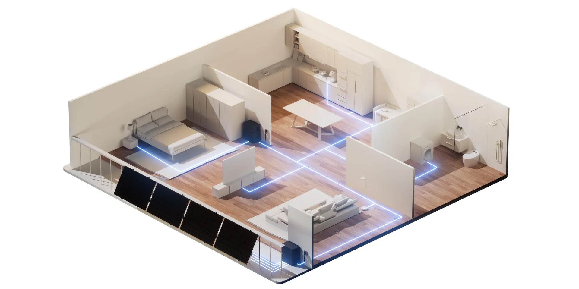 3D cutaway of an apartment with solar panels on the balcony railing powering the sockets and appliances inside